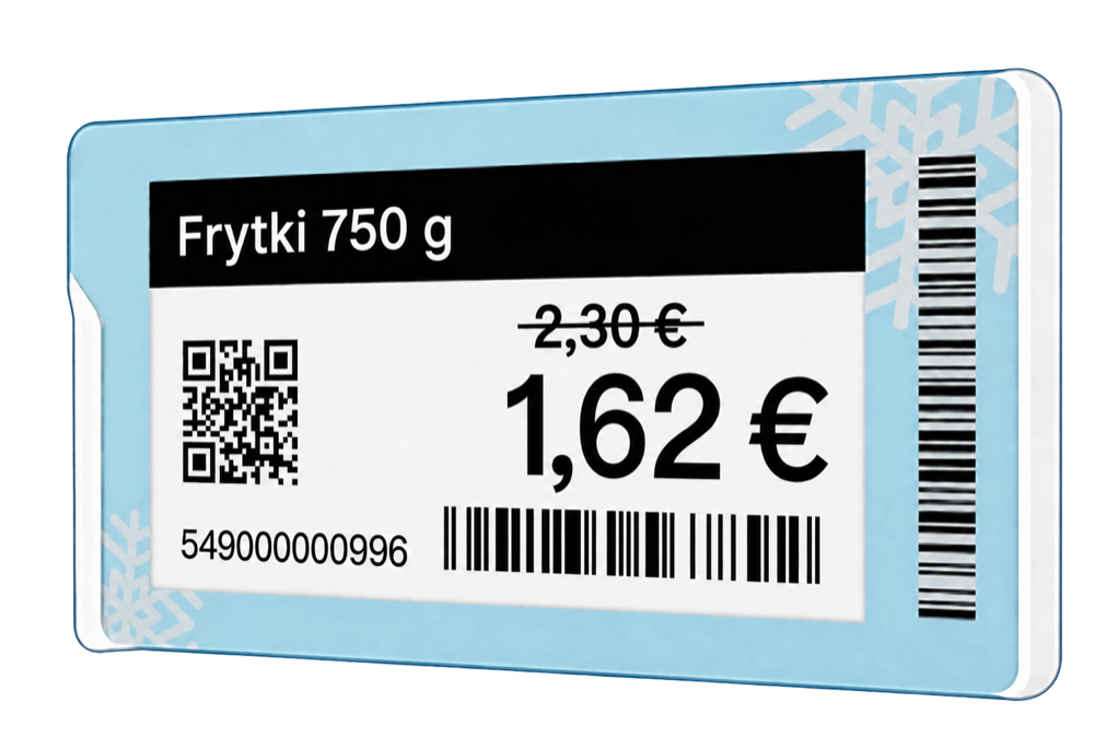 Elektroniczna etykieta cenowa SUNMI w niebieskiej obudowie