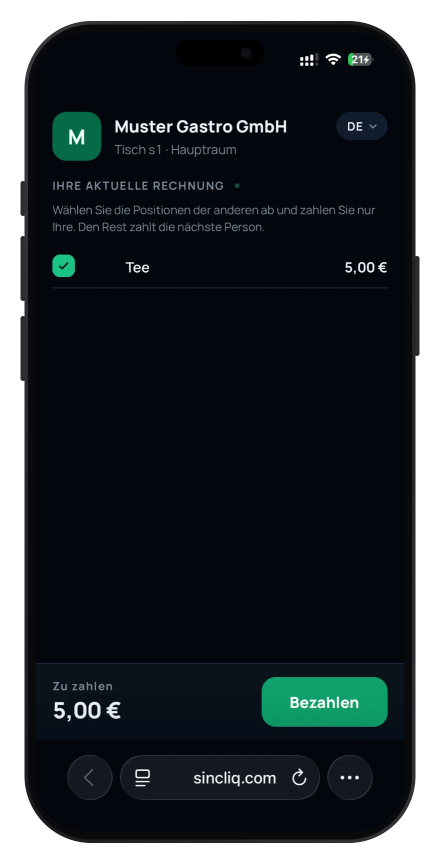 Rechnungsansicht auf dem Smartphone des Kunden