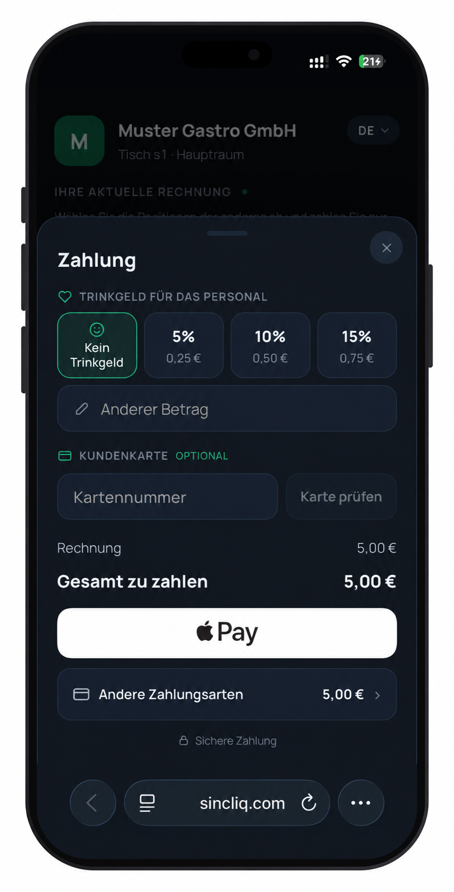 Zahlungsansicht mit Trinkgeld auf dem Smartphone